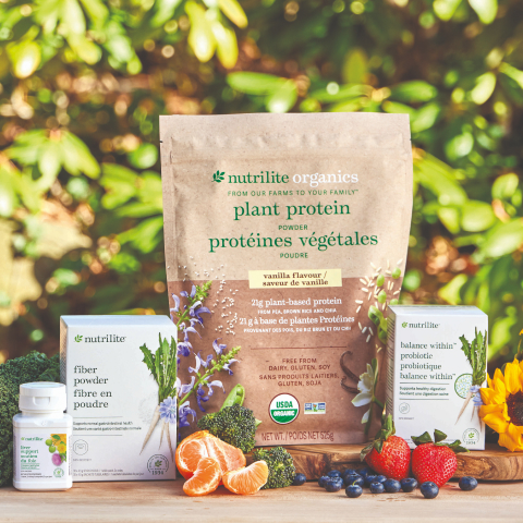 Nutrilite Reset 30 Product Bundle including Nutrilite Fiber Powder, Nutrilite Organics Plant Protein Powder, Nutrilite Balance WIthin Probiotic, and Nutrilite Liver Support, with fruits and vegetables arranged around the products.